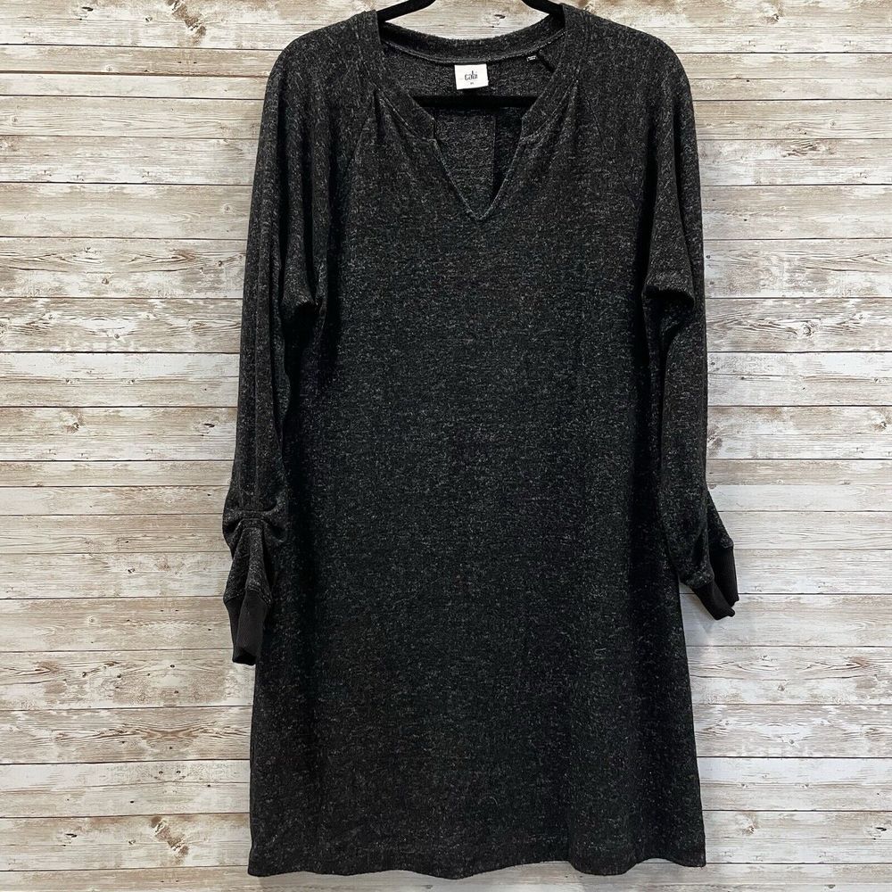 CAbi Womens Size M PJ Dress Long Ruched Sleeves Black Heather Gray Sweater #3829